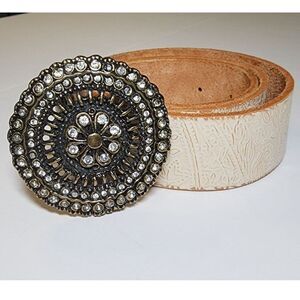 Vintage Fossil Genuine Leather Belt White Tooled Leather Rhinestone Buckle